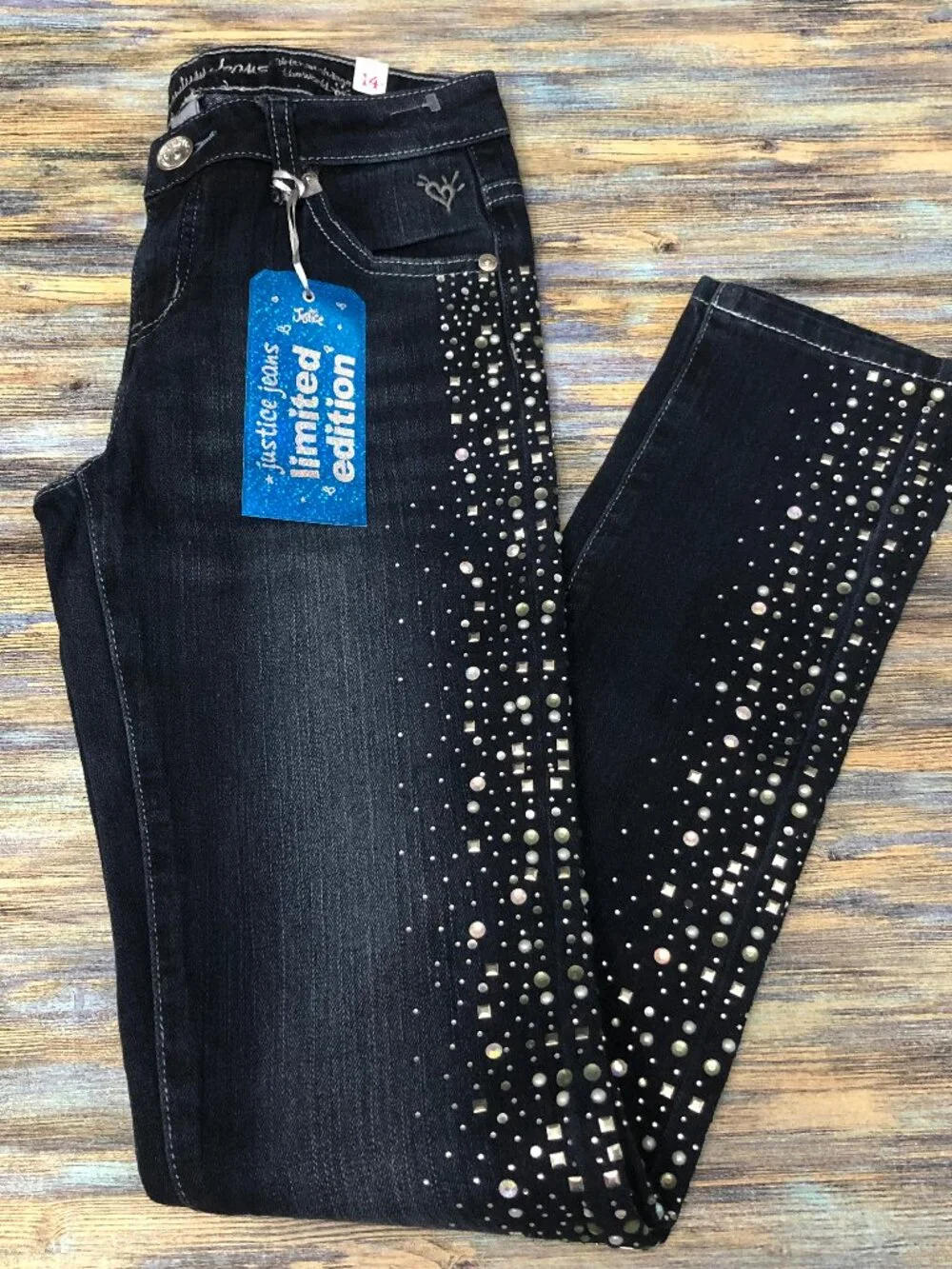 Justice Premium Jeans Girls Size 14S Slim Faux Rhinestones Embellished